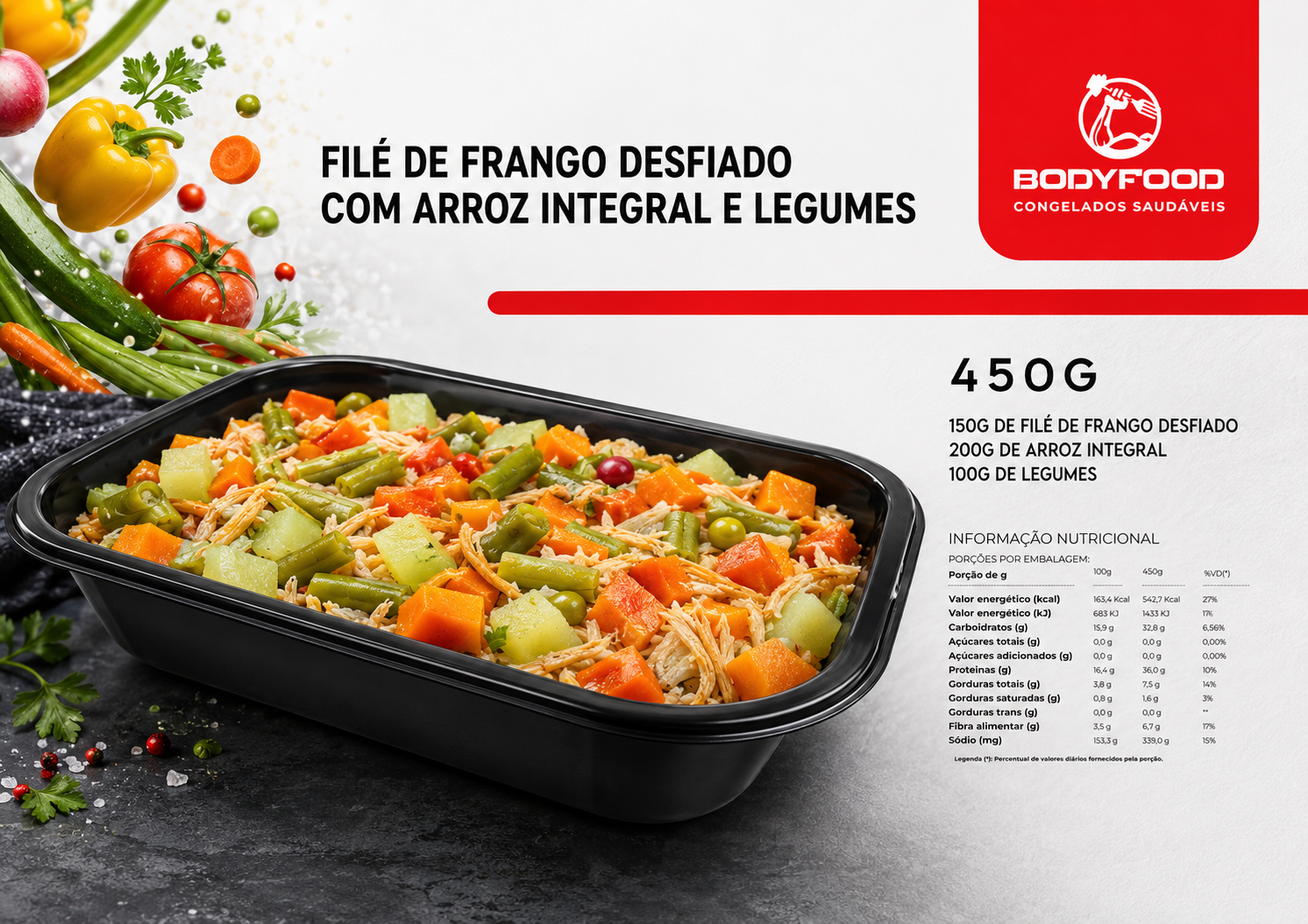 Card da refeição Filé de frango desfiado com arroz integral e legumes, com informações nutricionais.